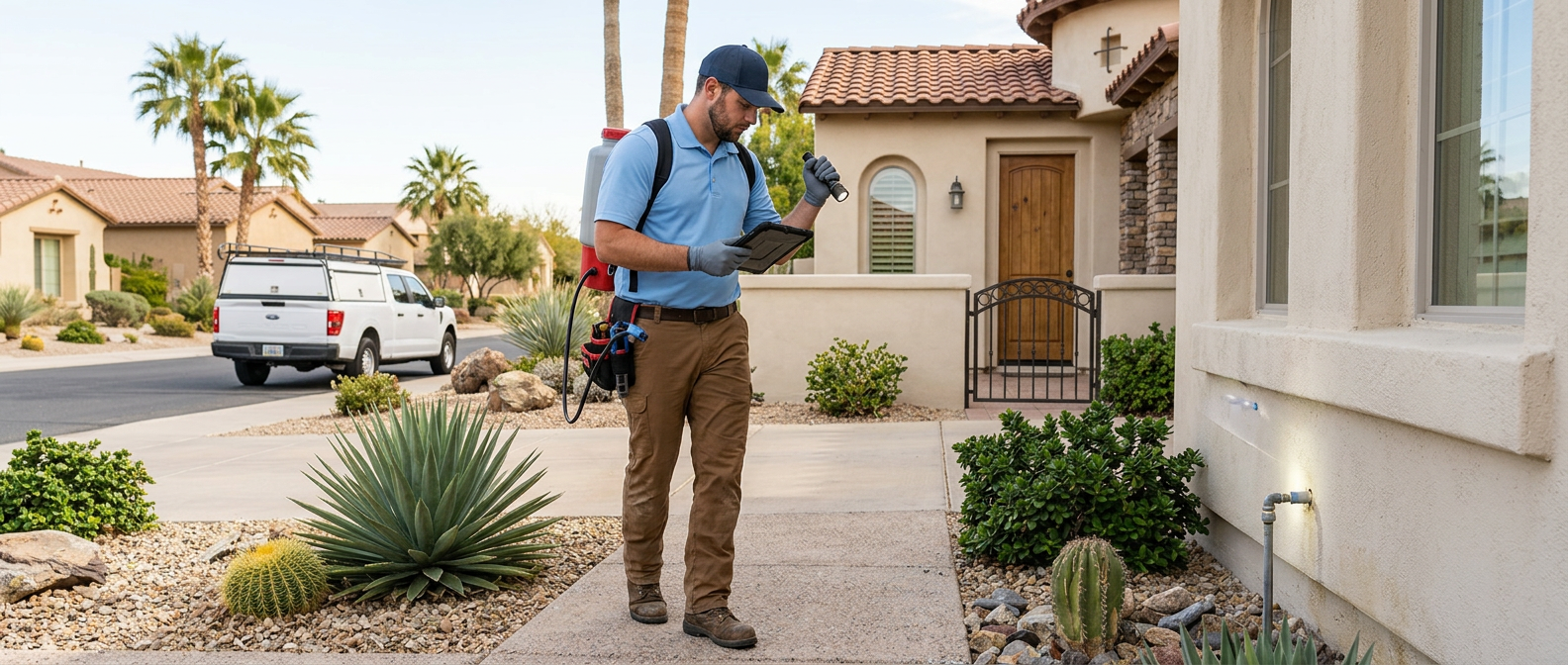 Technician performing a detailed exterior pest inspection at an Arizona home