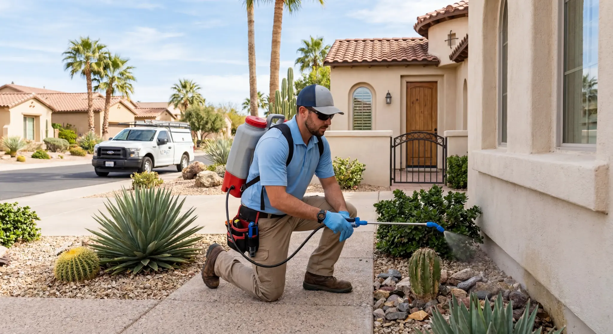 Rosen Pest Defense technician treating the exterior of a Phoenix-area home